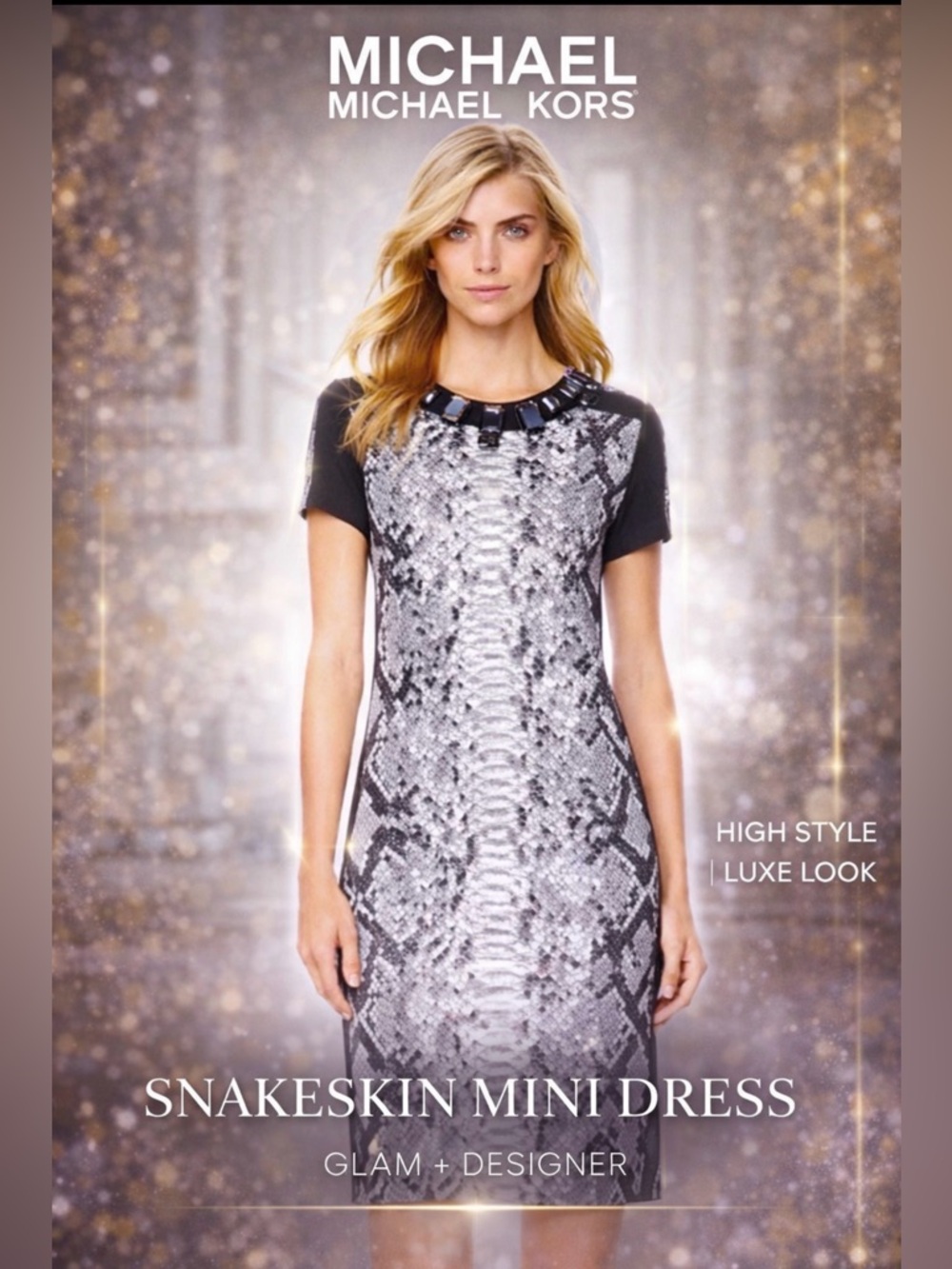 Michael Kors Snakeskin Mini Dress Rhinestone Collar Glam Night Out